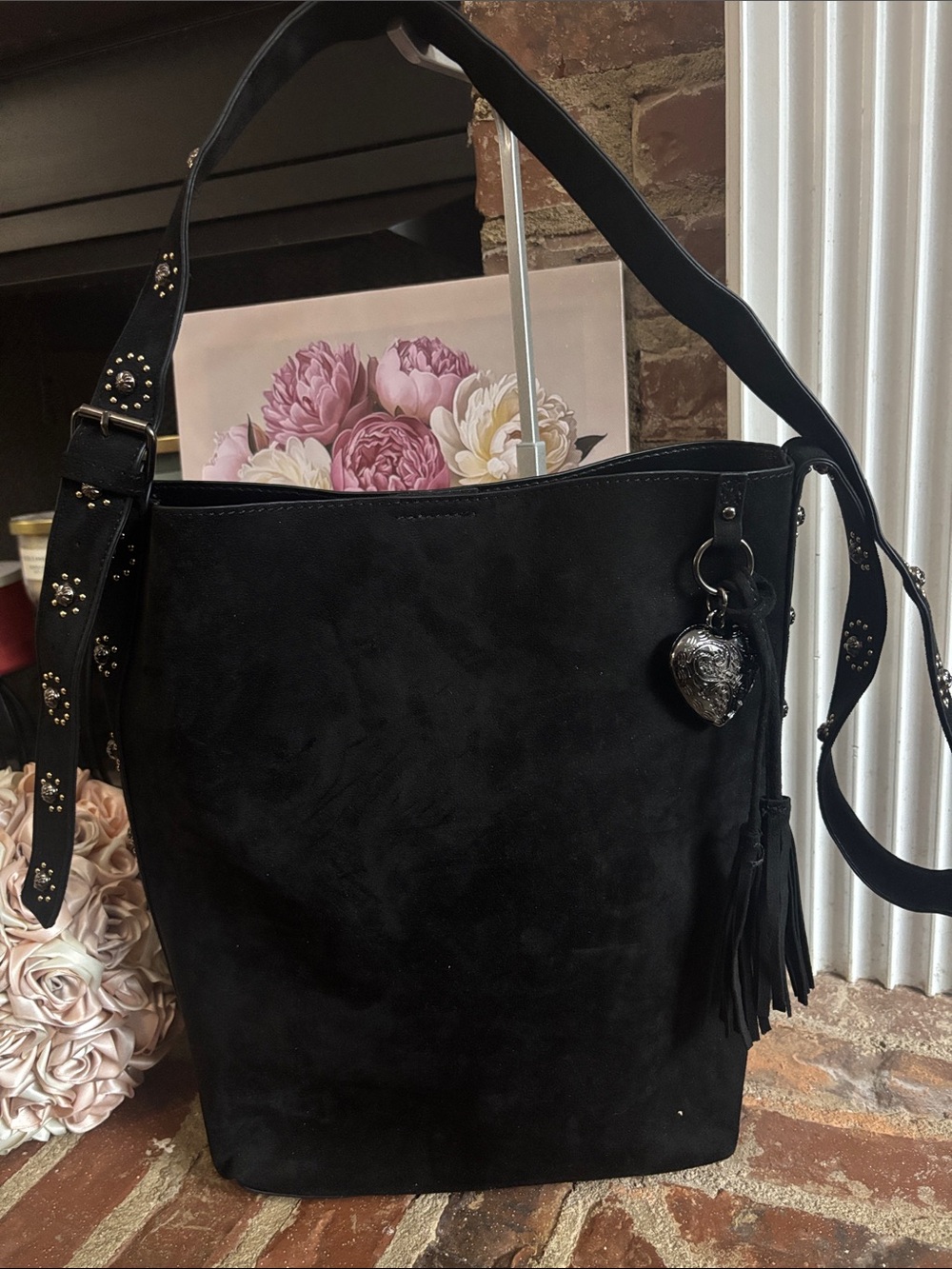 Black Suede Shoulder Cossbody Tote Bag with Heart Charm